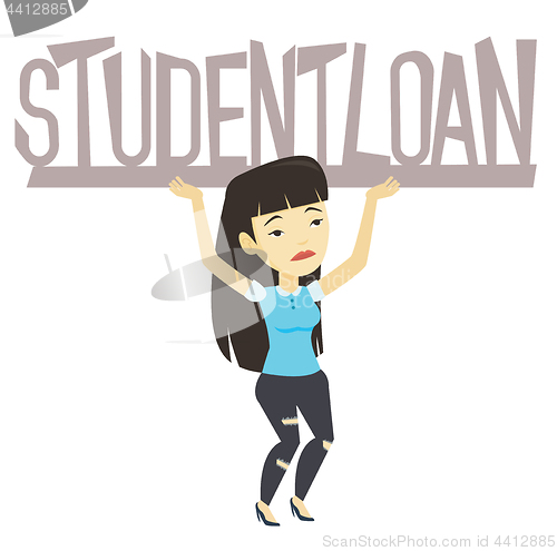 Image of Young woman holding sign of student loan.