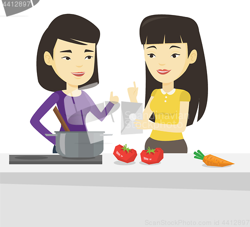 Image of Women cooking healthy vegetable meal.