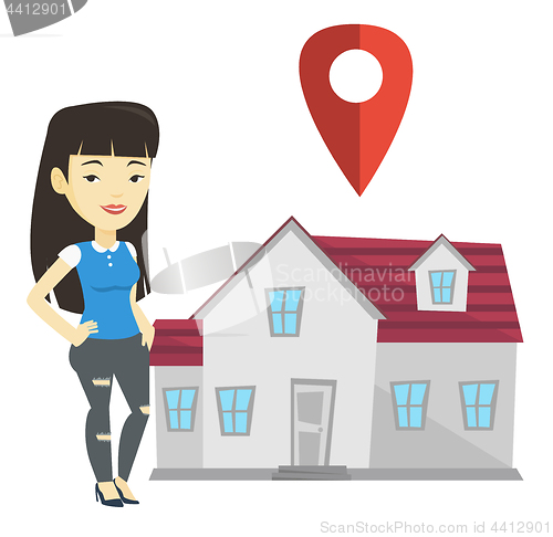 Image of Realtor on background of house with map pointer.