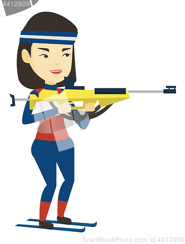 Image of Cheerful biathlon runner aiming at the target.