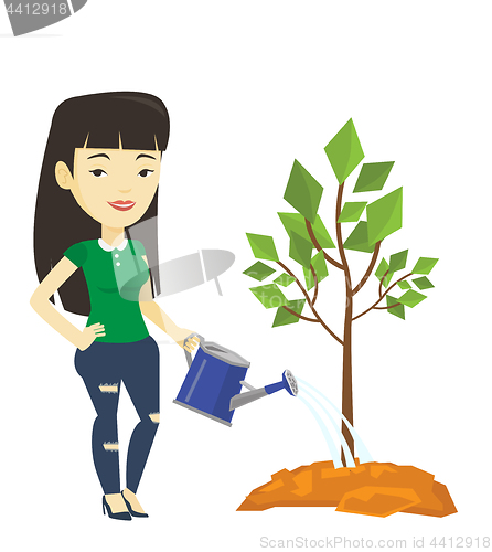 Image of Woman watering tree vector illustration.