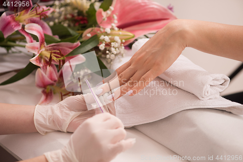 Image of Woman hands receiving a manicure