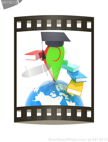 Image of Pointer of education in graduation hat with books around and Ear
