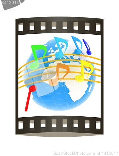 Image of music notes  background. 3D illustration. The film strip.