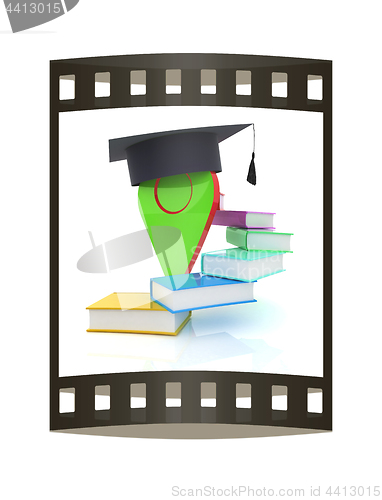 Image of Pointer of education in graduation hat with books around. 3d ill