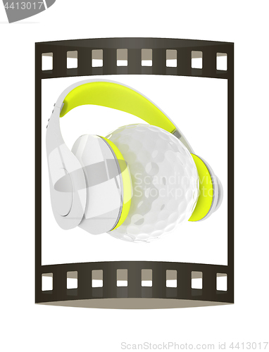 Image of Golf ball with headset or headphones. 3D rendering. The film str