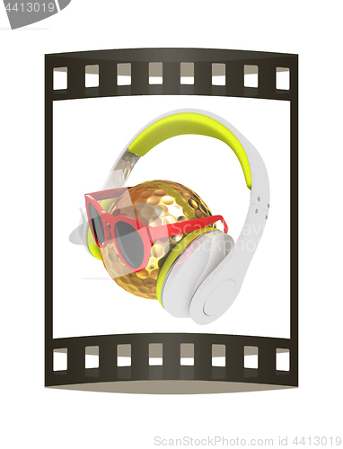 Image of Gold Golf Ball With Sunglasses and headphones. 3d illustration. 