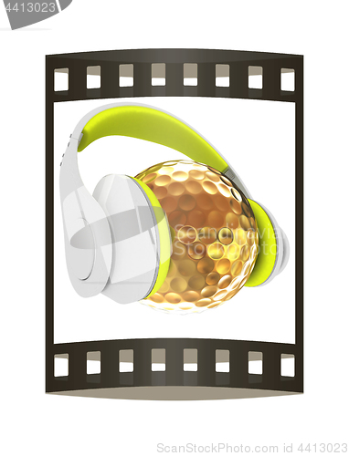 Image of Gold Golf Ball With headphones. 3d illustration. The film strip.