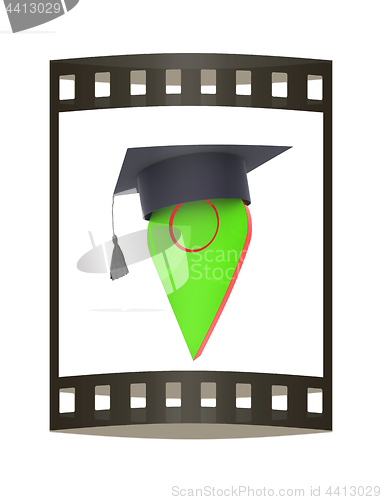 Image of Geo pin with graduation hat on white. School sign, geolocation a