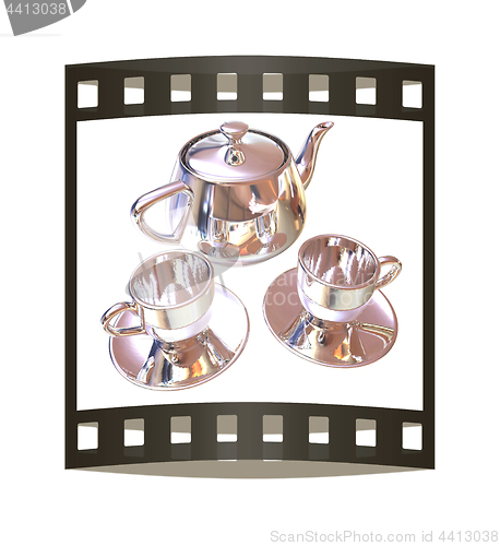 Image of Chrome Teapot and mugs. 3d illustration. The film strip.