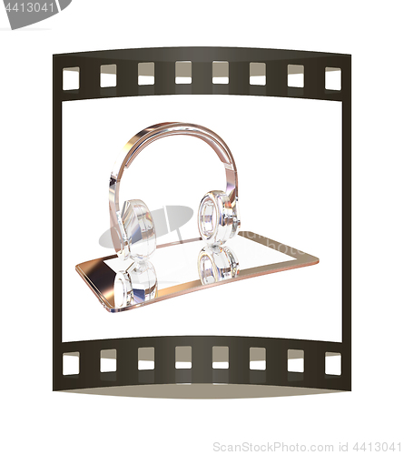 Image of Smartphone with headphones. Chrome icon. 3d illustration. The fi