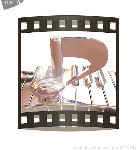 Image of Chrome note on a piano. 3D illustration. The film strip.
