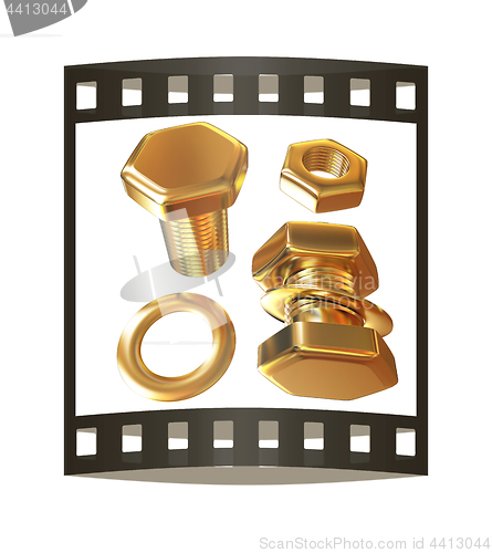 Image of Gold Bolt with nut. 3d illustration. The film strip.