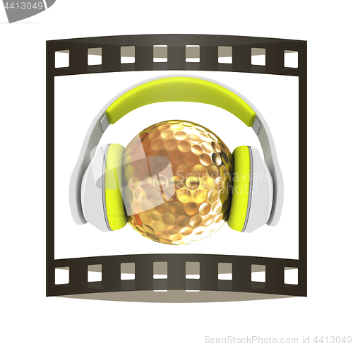 Image of Gold Golf Ball With headphones. 3d illustration. The film strip.