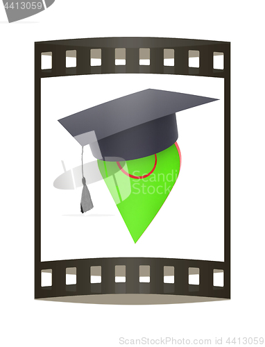 Image of Geo pin with graduation hat on white. School sign, geolocation a