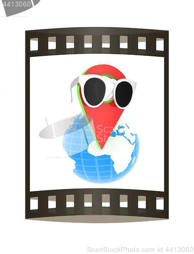Image of Glamour map pointer in sunglasses on Earth. 3d illustration. The