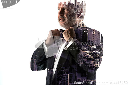 Image of Portrait of bearded businessman. Double exposure city on the background.