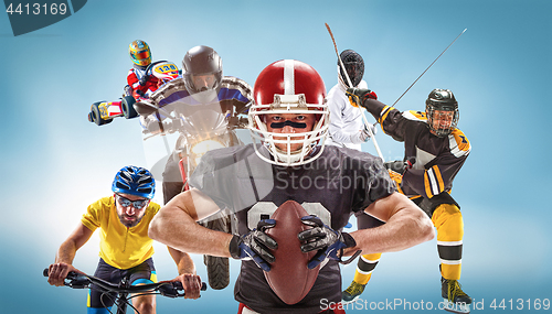 Image of The conceptual multi sports collage with american football, hockey, cyclotourism, fencing, motor sport