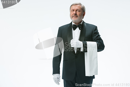 Image of Senior waiter holding white towel