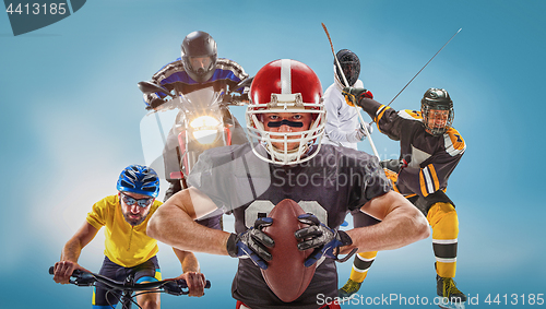 Image of The conceptual multi sports collage with american football, hockey, cyclotourism, fencing, motor sport