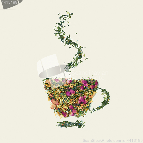 Image of Tea leaf with flowers and fruit word tea on white background, top view