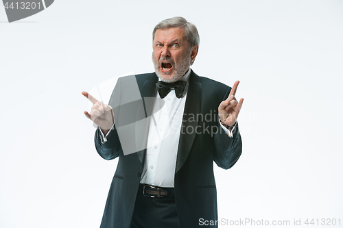 Image of older businessman in a suit with a bow tie, isolated over white