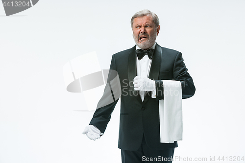 Image of Senior waiter holding white towel