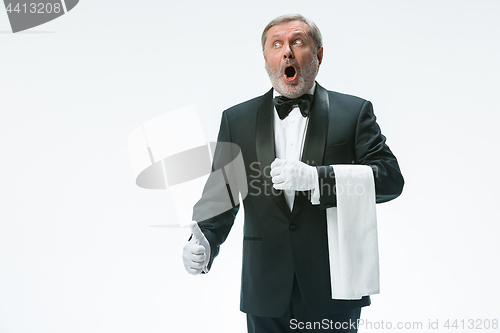 Image of Senior waiter holding white towel