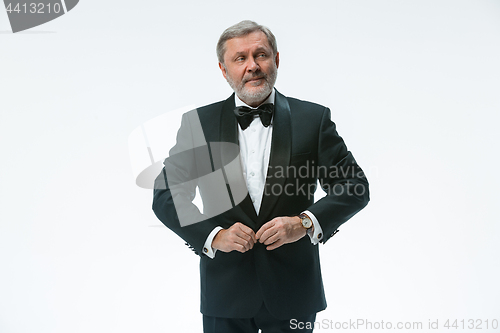 Image of older businessman in a suit with a bow tie, isolated over white