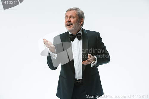 Image of older businessman in a suit with a bow tie, isolated over white