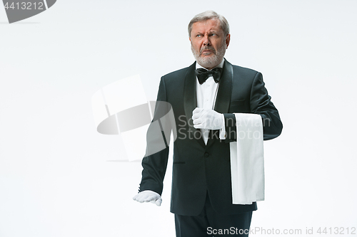 Image of Senior waiter holding white towel