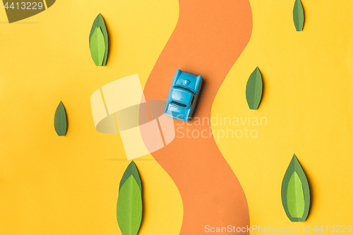 Image of Vintage miniature car and bus in trendy color, travel concept