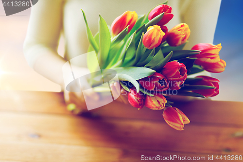 Image of close up of woman holding tulip flowers