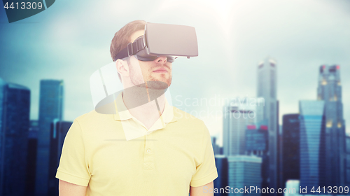 Image of man in virtual reality headset or 3d glasses