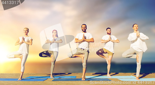 Image of people doing yoga tree pose on mat outdoors