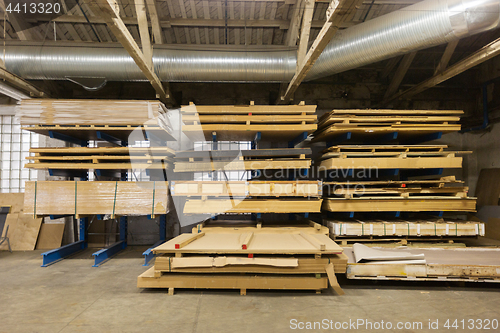 Image of boards storing at woodworking factory warehouse