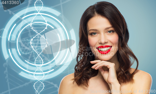 Image of woman with red lipstick over dna molecule