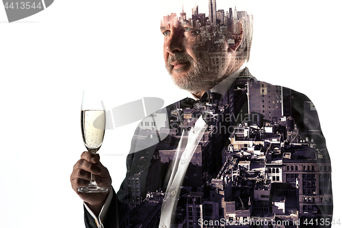 Image of Portrait of bearded businessman. Double exposure city on the background.