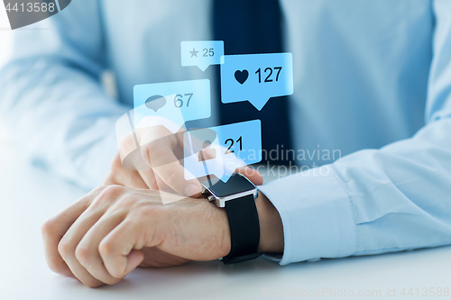 Image of hands with smart watch and social media icons