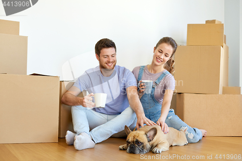 Image of happy couple with boxes and dog moving to new home