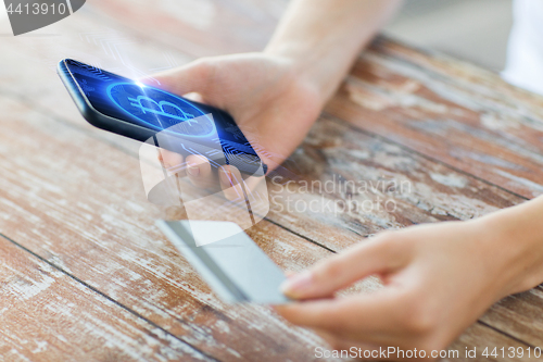 Image of close up of bitcoin on smartphone and credit card