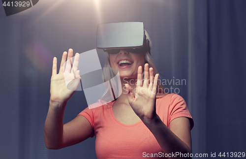 Image of woman in virtual reality headset or 3d glasses