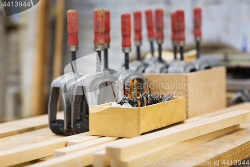 Image of drills and woodworking tools at workshop