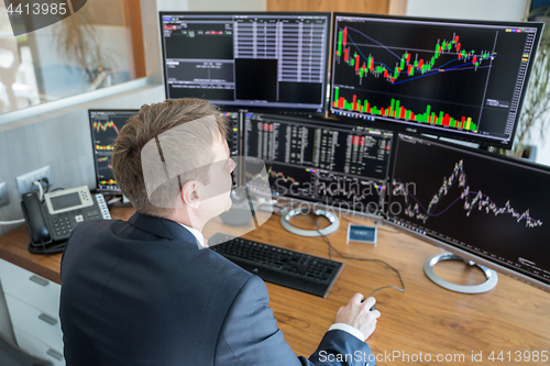 Image of Stock trader looking at computer screens in trdading office.