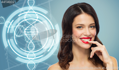 Image of woman with red lipstick over dna molecule