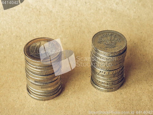 Image of Vintage Euro and Pound coins pile