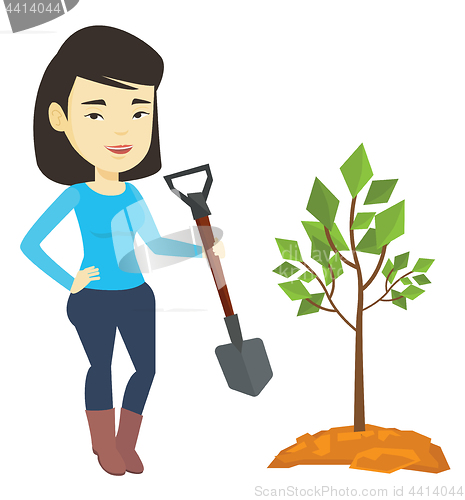 Image of Woman plants tree vector illustration.