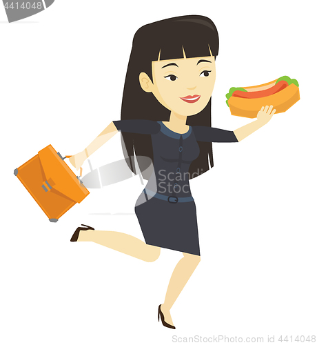 Image of Business woman eating hot dog vector illustration.