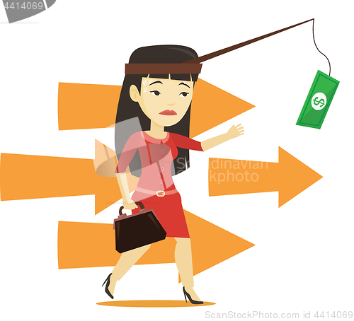 Image of Businesswoman trying to catch money on fishing rod