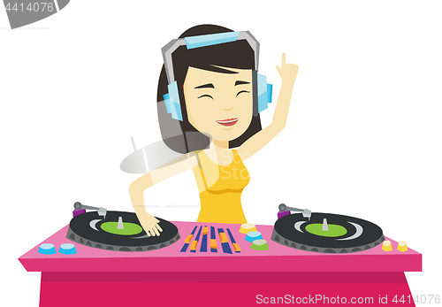 Image of DJ mixing music on turntables vector illustration.